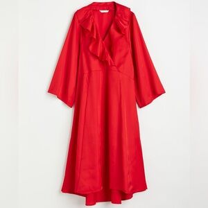 H&M Red Flounce Trimmed Midi Dress Large